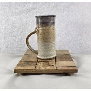 Pottery Mug Stoneware Cup 6.5”  Tan Blue Tall Lower Wide Handle Handcrafted